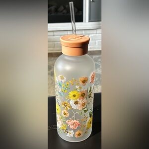 OCS Designs Floral Frosted Glass Water Bottle with Straw - Peach Lid